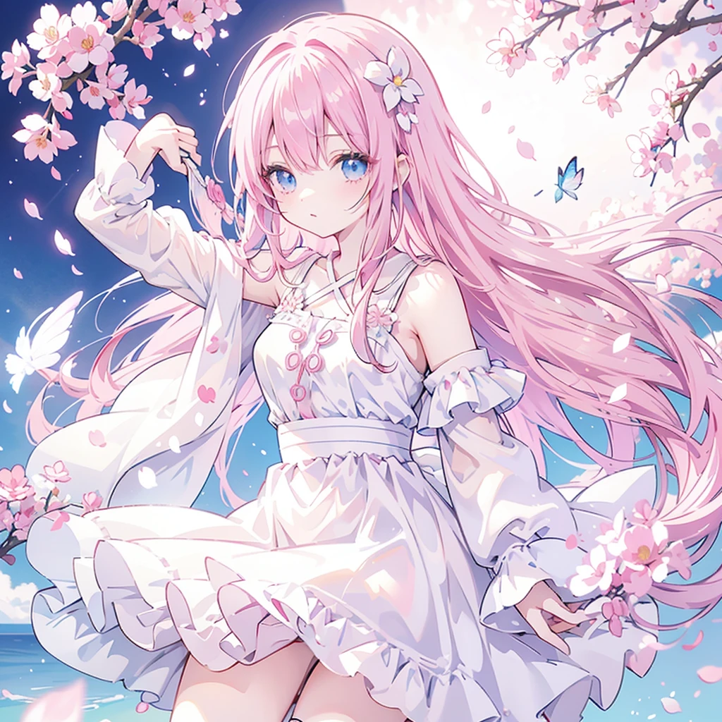 Pink hair, anime girl, long hair, cute girl, beautiful blue eyes, flower petals, pink tone, pale skin, white dress, masterpiece, HD, 4K, pink wings, angel, rose, fantasy, butterfly