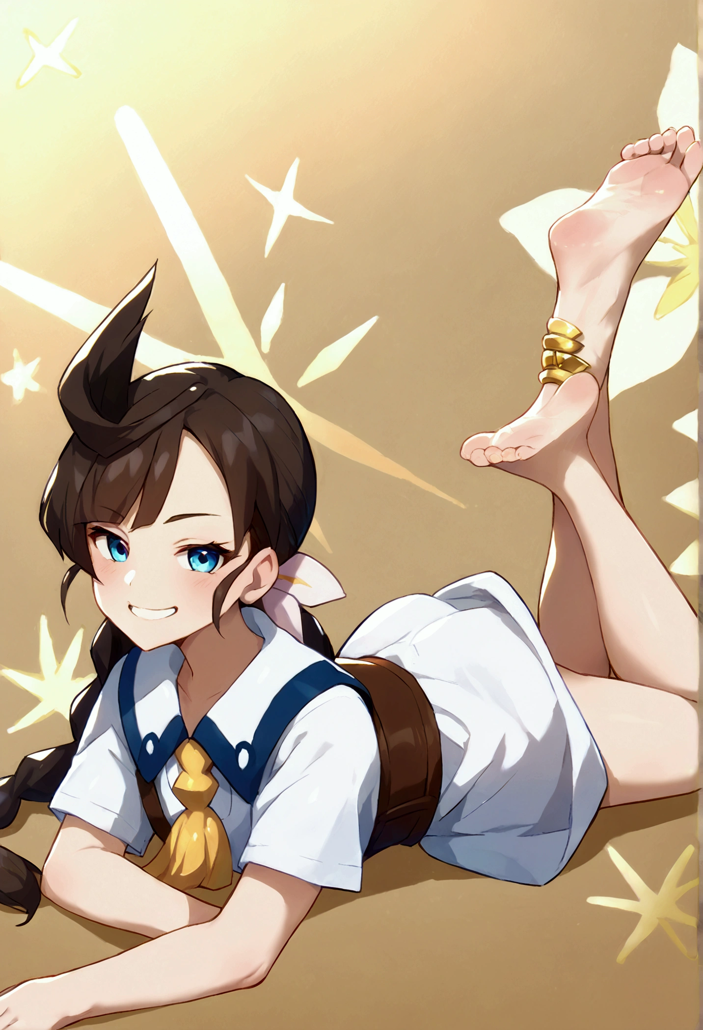 score_9,score_8_up,score_7_up,score_4,score_5,score_6,source_anime BREAK 1girl,naughty grin,takagi-san,feet,soles,gold toe ring,stretching,detailed background,