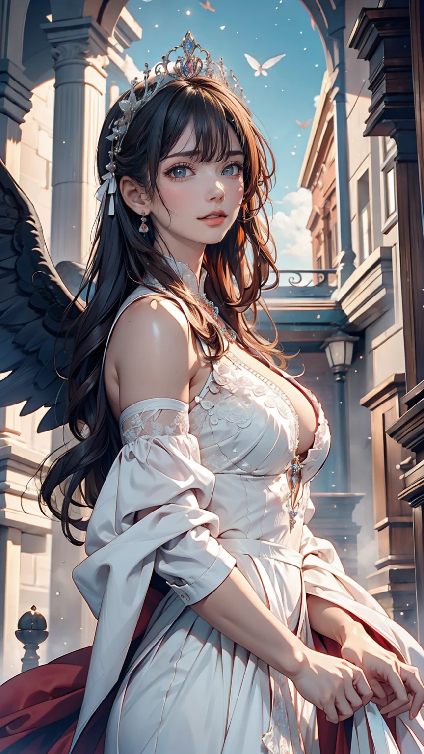 ((RAW Photos)), ((masterpiece)), Anthropomorphic humanoid angel girl in white royal robes, Intricate details, running, A complex Greebles piece, Sky Behind, pink, Beautiful Wings, Fine eyes and lips