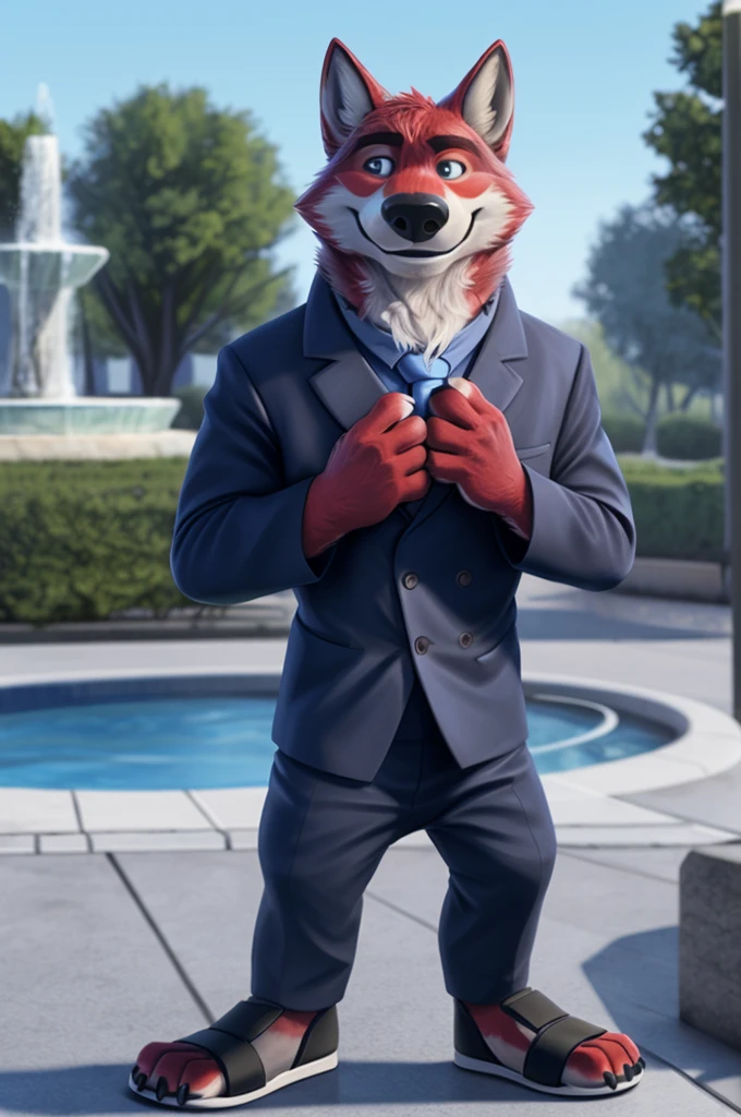 Fedorovich Wolfbach fell (Novosibirsk) ,tall handsome, wolf,young, 24 years, brown fur,Kind,(red body:1.3),beautiful blue eyes,Novosibirsk,dressed, white jacket,shirt,Red tie,trousers, sandals,canine, wolf, detailed fur, Male, second, paw pads, finger claws,At the viewer, 5 fingers, paws, 5 fingers, smile, wrist watch, т nextel,by xenoforge, (difficult, high detail, digital photography, soft focus, RAWlawyers,Very close to the camera, variety,Novosibirsk, smile, good mood, positive, Very close to the camera,in the background of the fountain, 
photorealism, realistic, photorealistic, digital style, subsurface scattering,I look at the viewer,hugs the she-wolf, 
masterpiece, Best quality, ultra realistic, 8 thousand.)
