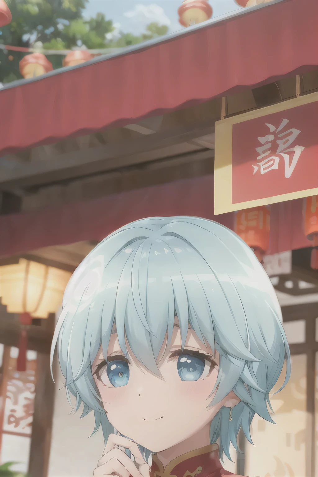 short hair，Blue Hair，Chinese New Year，Acting cute