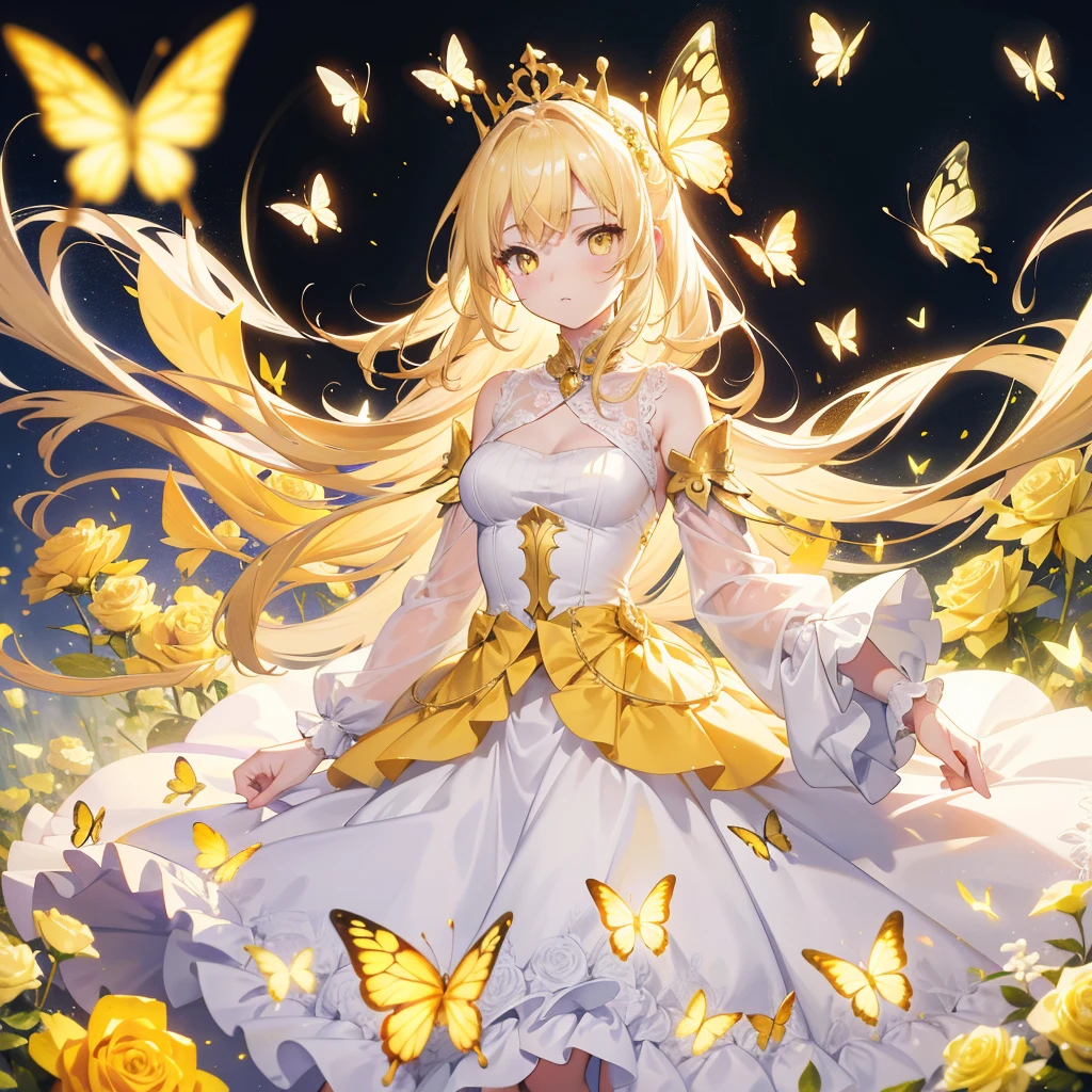light Hair,yellow Butterfly,yellow eyes, Long white blonde hair,White princess Dress,8k wallpaper,Detailed background,Maximum resolution,Deep V Bi,Chis,yellow Rose field,Tight,full-body shot