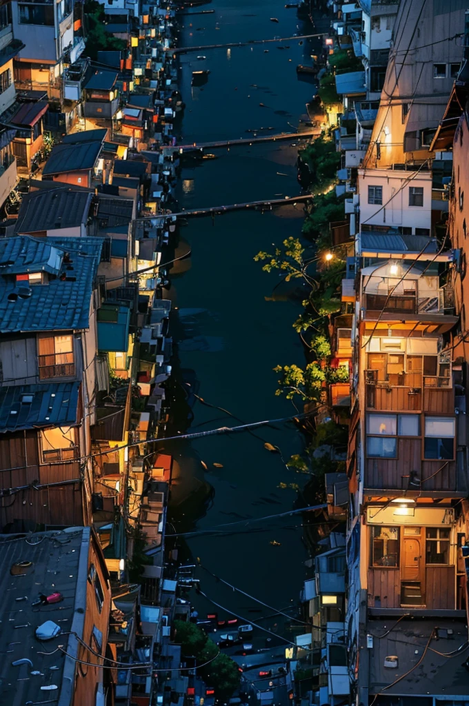Expressive digital painting; Favela ; improvisational architecture ; tangled wire; Geographic Depth; Exposed Brick, Houses everywhere々It's full of.,Cyber City、Neon Light、night景、night、nightの都市、festival、festival