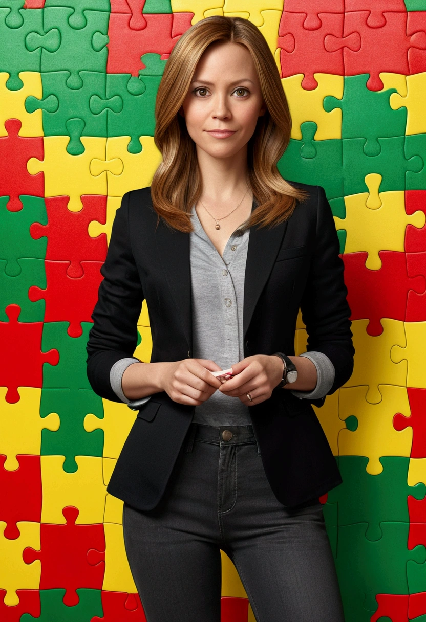 3D PIXAR STYLE POSTER. woman 37 years old, with light skin, Very straight dark blonde hair with lighter highlights , honey colored eyes, black blazer, black jeans pants, gray shirt, White sneakers, notebook in hand, BACKGROUND WITH RED PUZZLE, cerúleo, green and yellow.