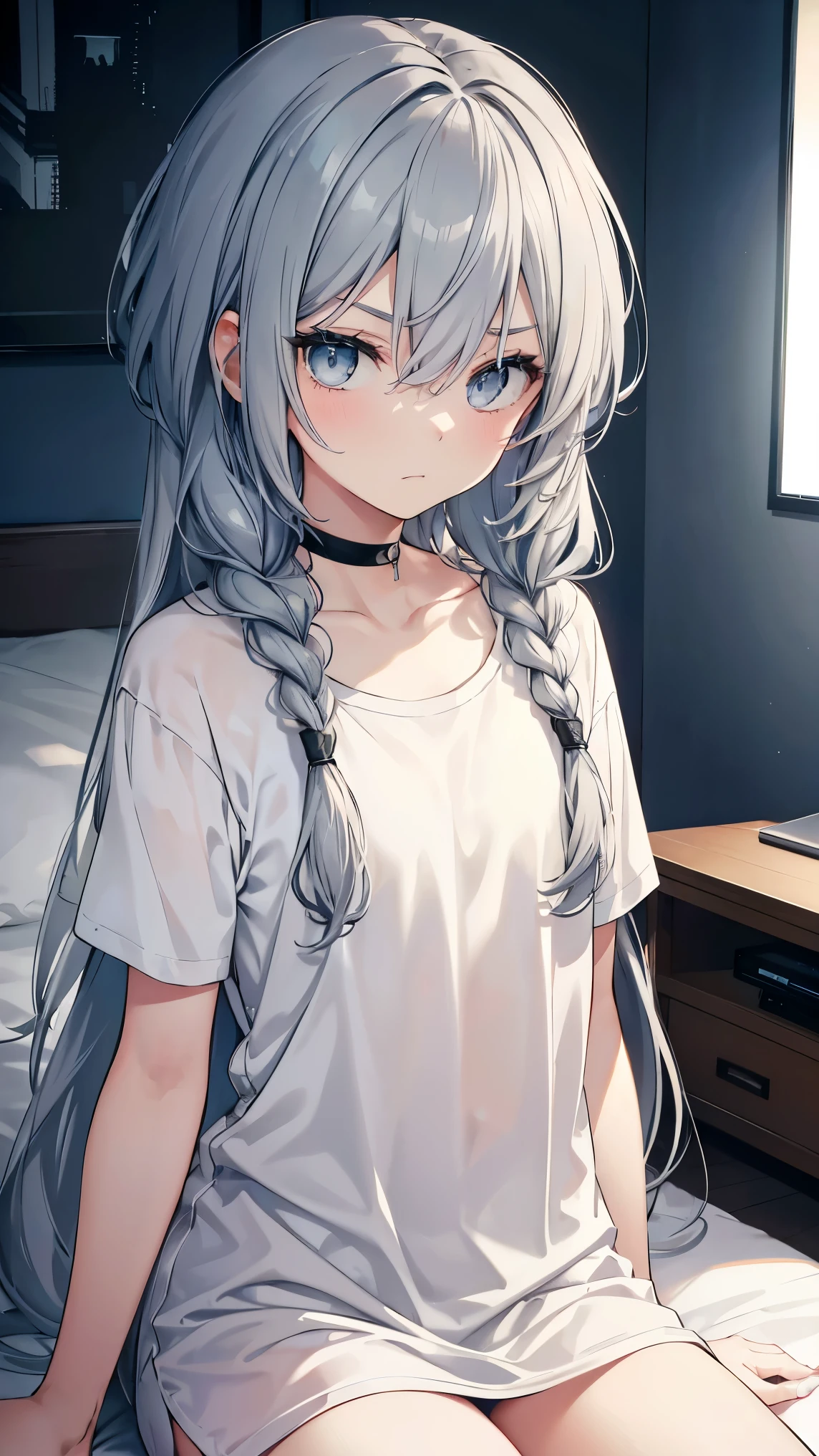High resolution,high resolution,Girl,(Braiding,Gray Hair,Long Hair,Blue accent color),Grey Eyes,Slanted Eyes,Bad mood,boyish,slender,Naked T-shirt,sit,On the bed,Dark Room,tv set,choker,,