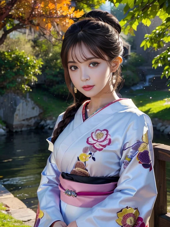 (Highest quality、 8k 、masterpiece、High resolution)、(whole body)、Vibrant colors、Brown-black bob、Traditional round topknot、Ample breasts、(Highly detailed face and eyes、Beautiful Face、Beautiful Eyes、Beautiful nose、Pretty lips)、 (Beautiful woman standing on a riverside observation deck)、(A friendly gaze)、(Oh!！Facial expression that)、(Vivid floral patterned kimono)、Official Art、  The background is a wide river、Nearby bridge、Riverside streetscape、Mountains in the distance、Detailed CG、