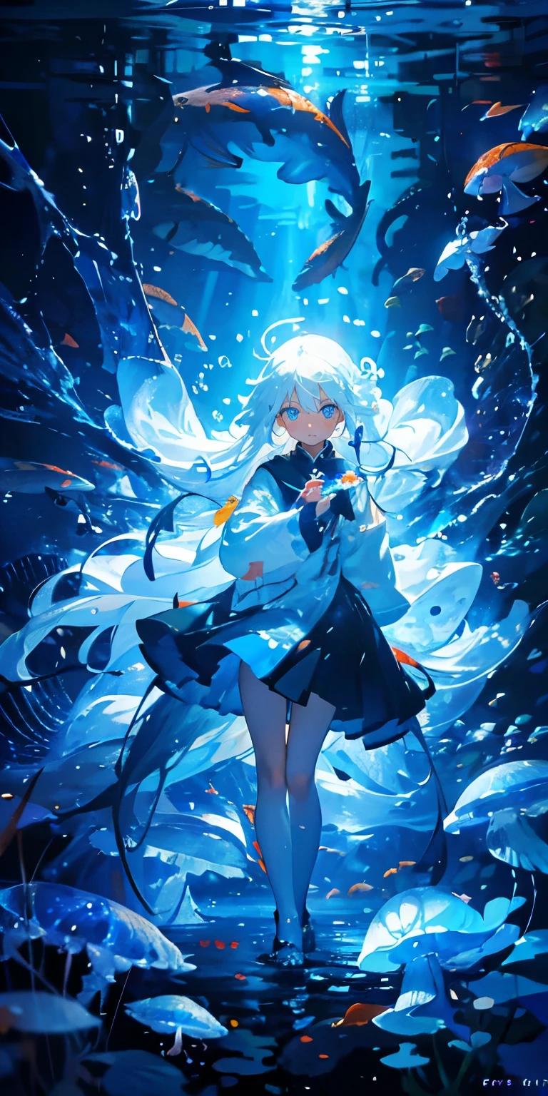 (The pieces fly), (Highest quality), Very detailed, 1 girl, Solo full body shot, Perfect Face, beautiful girl, Very detailed顔,(Long white hair:1.5),(blue eyes:1.4),(float:1.4),(In the water:1.4),sink,bubble,School of small fish,Light,jellyfish,Seaweed,Red fish,Yellow fish,deep sea,Fantasy