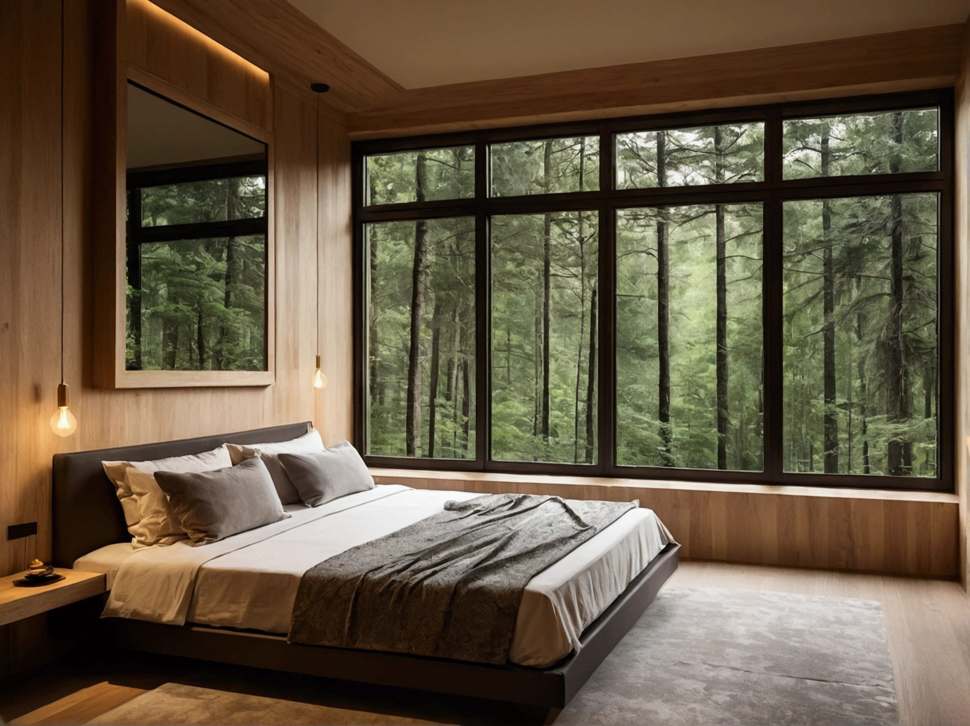 Arafed bedroom with a bed and a window with a view of a forest