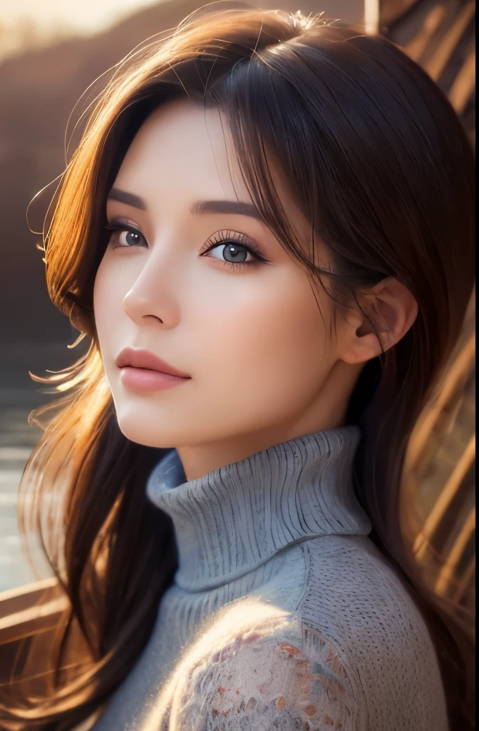 a beautiful mature woman, in a turtleneck sweater, relaxing in a hot spring, front view, hand-drawn, illustration style, detailed facial features, highly detailed, 8k, photorealistic, beautiful detailed eyes, beautiful detailed lips, extremely detailed face, intricate details, warm color palette, soft lighting, digital painting, masterpiece