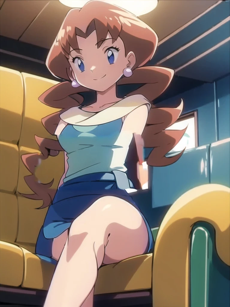 1girl, solo, sitting, smile,looking_down, smile,crossed_legs, masterpiece, high quality, best quality, Caroline_(pokemon)
