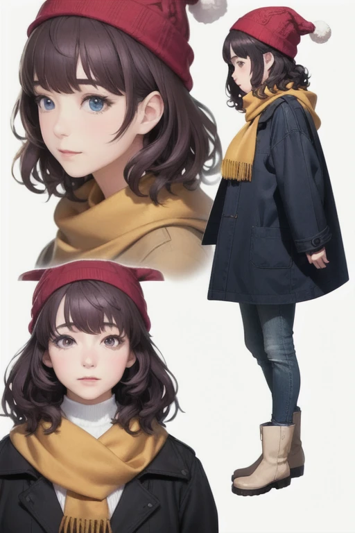 girl,Character design sheet,Beautiful attention to detail,Beautiful lip detail,Very detailed目と顔,Long eyelashes,Realistic,photoRealistic:1.37,Very detailed,Professional,Vibrant colors,Portraiture,Studio Lighting,Physically Based Rendering,High resolution,超High resolution. blue eyes,Big eyes，Long Hair，Curly hair、Black Hair，Red cheeks，Lower eyes，Knitted hat，Scarf，coat、pants，boots，profile