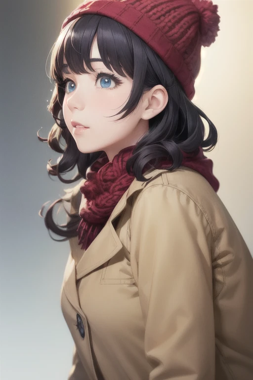 girl,Character design sheet,Beautiful attention to detail,Beautiful lip detail,Very detailed目と顔,Long eyelashes,Realistic,photoRealistic:1.37,Very detailed,Professional,Vibrant colors,Portraiture,Studio Lighting,Physically Based Rendering,High resolution,超High resolution. blue eyes,Big eyes,Long Hair,Curly hair、Black Hair,Red cheeks,Lower eyes,Knitted hat,Scarf,coat、pants,boots,profile
