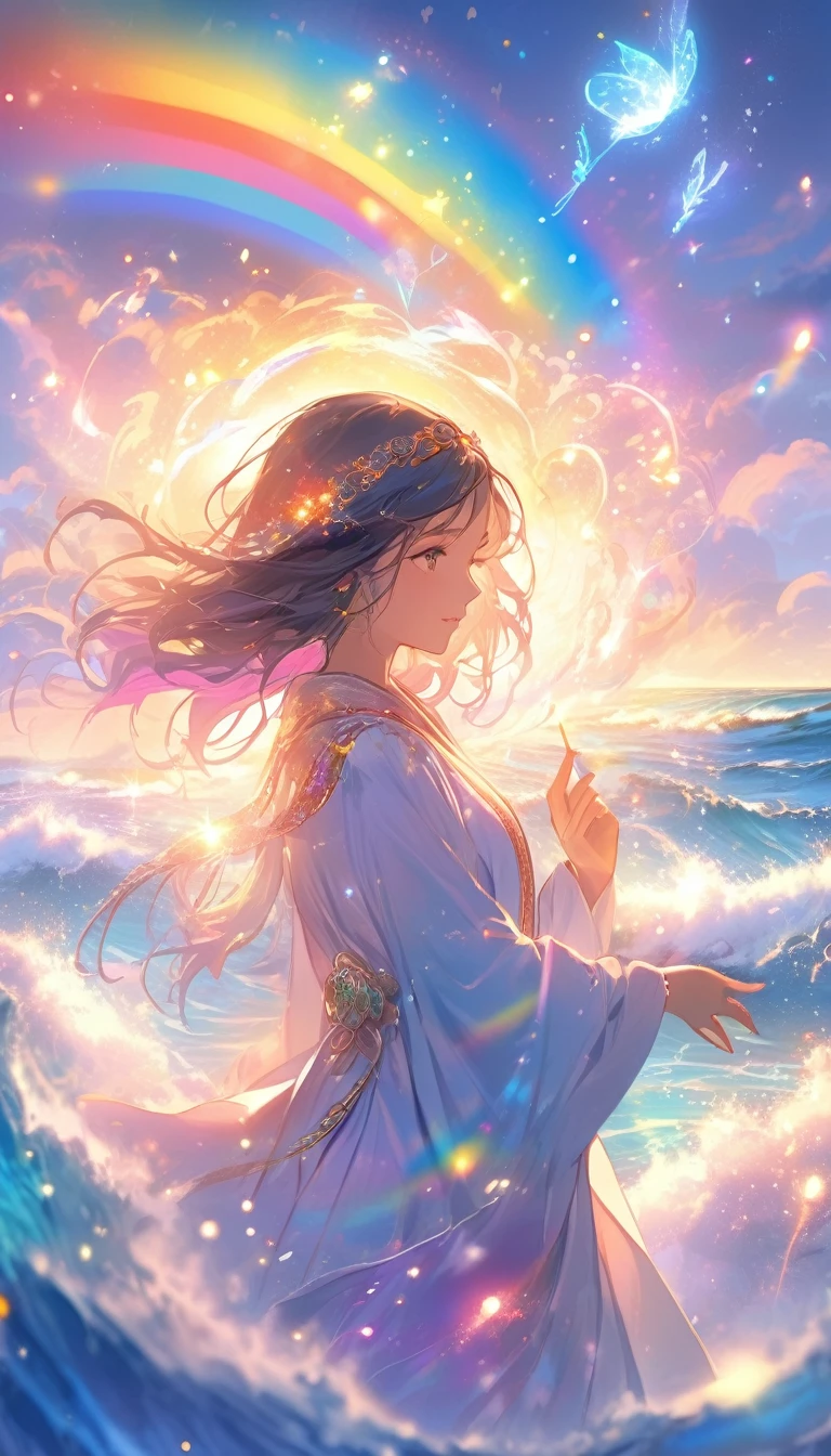 high resolution Mysterious glowing spell casting girl, ((Fantasy Rainbow Ocean)), Vibrant colors, Great light, Detailed speech bubbles, Magical atmosphere, Nice views, Dreamy atmosphere, Sparkling, Roomy robes, The magic touch, Mysterious Creatures, ((Sparkling waves)), Mystical symbols, Surreal beauty, mist, There'Magic in the air, Magical moments,Mysterious atmosphere, Whimsical Creatures, Full of charm, Fairy, Superpower, Fantasy World