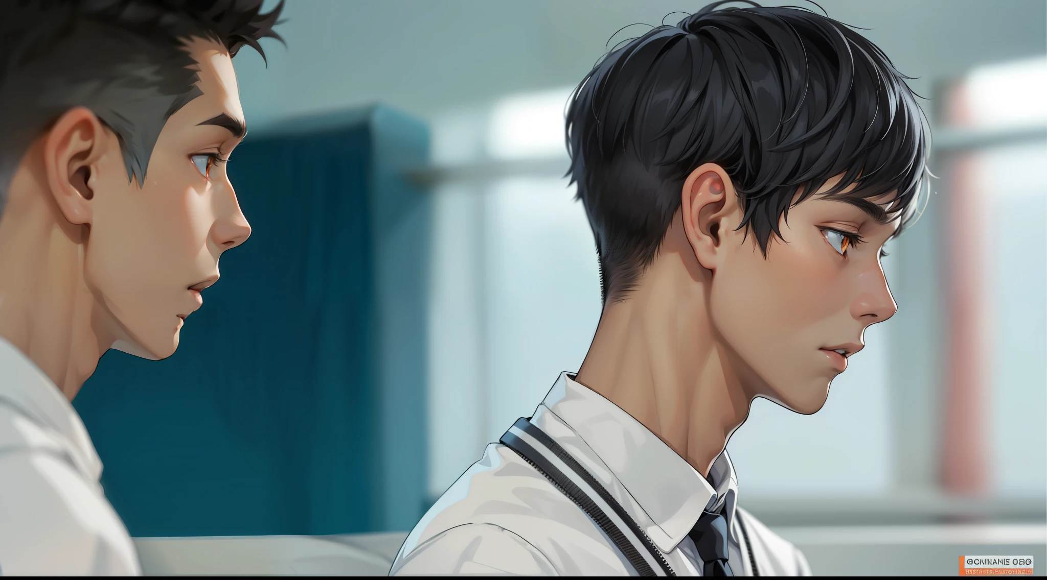 two young men of 18 years walk sad worried thoughtful through high school gray hair orange eyes
