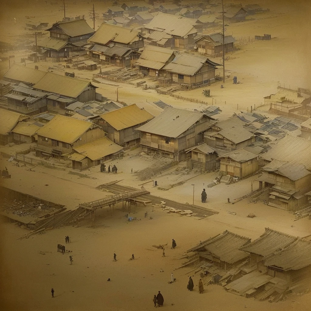 There is a picture of a city with a train running on the tracks., Disco Elysium concept art, Silent Hill concept art, Disco Elysium artwork, Disco Elysium art, Fallout concept art, Disco Elysium, Dusty environment, aerial viewyoji shinkawa, Foggy Ghost Town, Disco Elysium video game, Fallout environment, inspired by Russell Chatham, Concept art Blazing flames, fire, crowd, throng, freezing, mother warming her baby.Scenery and Cityscape in the Early Meiji Era After the Meiji Restoration, Japan underwent rapid modernization and civilization. Consequently, many changes and reforms occurred. Below is a detailed explanation of the scenery, appearance of the poor, occupations, and cityscapes in the early Meiji period (1868 to the early 1880s). 2. Appearance of the Poor Life for the impoverished and lower classes remained harsh. In particular, in urban areas, people migrated from rural areas or unemployed artisans gathered, intensifying competition in the labor market. Many of them struggled with poverty, often residing in slums or around temples. 3. Occupations Meiji early Japan witnessed a diversification of occupations. Traditional agriculture and handicrafts were accompanied by the rise of modern industry and commerce. Particularly in urban areas, factory workers, shop clerks, and transporters increased, giving rise to new professions. However, many in these occupations endured harsh working conditions. 4. Influence of Civilization and Enlightenment During the Meiji era, Western cultural influences spread rapidly. Changes in clothing, dietary habits, and the proliferation of Western-style architecture advanced, especially in urban areas. Conversely, this development posed a threat to traditional culture and lifestyles, resulting in societal upheaval and adaptation challenges. 5. Social Change and Policy Influence While promoting modernization policies, the government also addressed poverty and social issues. Legislation for labor protection and charitable activities to aid the poor were implemented. Nevertheless, living conditions for the impoverished scarcely improved. The early Meiji period marked a ra