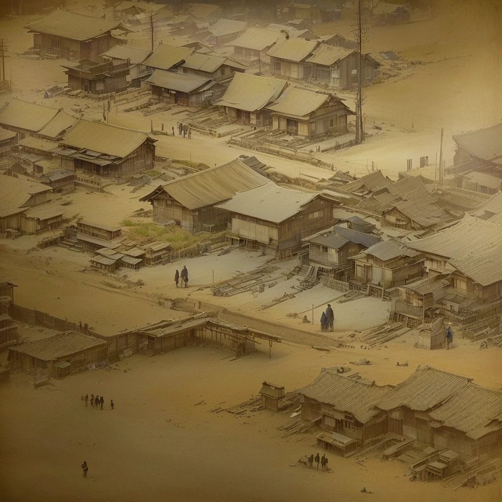 There is a picture of a city with a train running on the tracks., Disco Elysium concept art, Silent Hill concept art, Disco Elysium artwork, Disco Elysium art, Fallout concept art, Disco Elysium, Dusty environment, aerial viewyoji shinkawa, Foggy Ghost Town, Disco Elysium video game, Fallout environment, inspired by Russell Chatham, Concept art Blazing flames, fire, crowd, throng, freezing, mother warming her baby.Scenery and Cityscape in the Early Meiji Era After the Meiji Restoration, Japan underwent rapid modernization and civilization. Consequently, many changes and reforms occurred. Below is a detailed explanation of the scenery, appearance of the poor, occupations, and cityscapes in the early Meiji period (1868 to the early 1880s). 2. Appearance of the Poor Life for the impoverished and lower classes remained harsh. In particular, in urban areas, people migrated from rural areas or unemployed artisans gathered, intensifying competition in the labor market. Many of them struggled with poverty, often residing in slums or around temples. 3. Occupations Meiji early Japan witnessed a diversification of occupations. Traditional agriculture and handicrafts were accompanied by the rise of modern industry and commerce. Particularly in urban areas, factory workers, shop clerks, and transporters increased, giving rise to new professions. However, many in these occupations endured harsh working conditions. 4. Influence of Civilization and Enlightenment During the Meiji era, Western cultural influences spread rapidly. Changes in clothing, dietary habits, and the proliferation of Western-style architecture advanced, especially in urban areas. Conversely, this development posed a threat to traditional culture and lifestyles, resulting in societal upheaval and adaptation challenges. 5. Social Change and Policy Influence While promoting modernization policies, the government also addressed poverty and social issues. Legislation for labor protection and charitable activities to aid the poor were implemented. Nevertheless, living conditions for the impoverished scarcely improved. The early Meiji period marked a ra