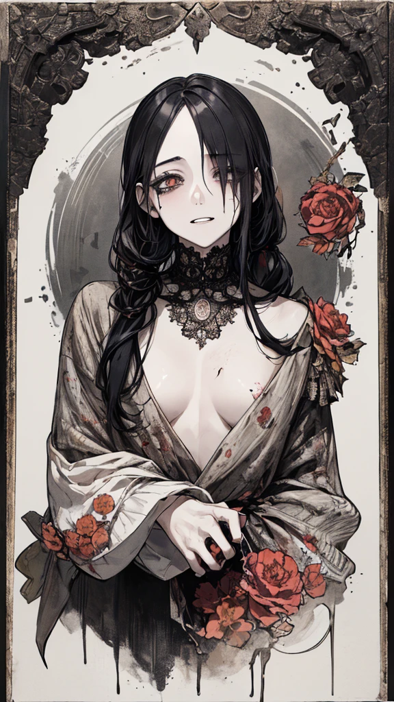 (masterpiece:1.2, Highest quality), (Actual Photos, Intricate details), (1 female, alone,whole body、Small breasts) ,Scary atmosphere、Distorted facial expressions、Blood splatter、Cuts on the face、burns on the face、Punk Fashion、Long Hair、Long Bangs、Twin tails、Black Hair、(((Dark circles under the eyes)))、Pale skin、Pathological、Crazy smile、Crazy eyes、(Grin)Dramatic makeup,Create mixed media art、White Background