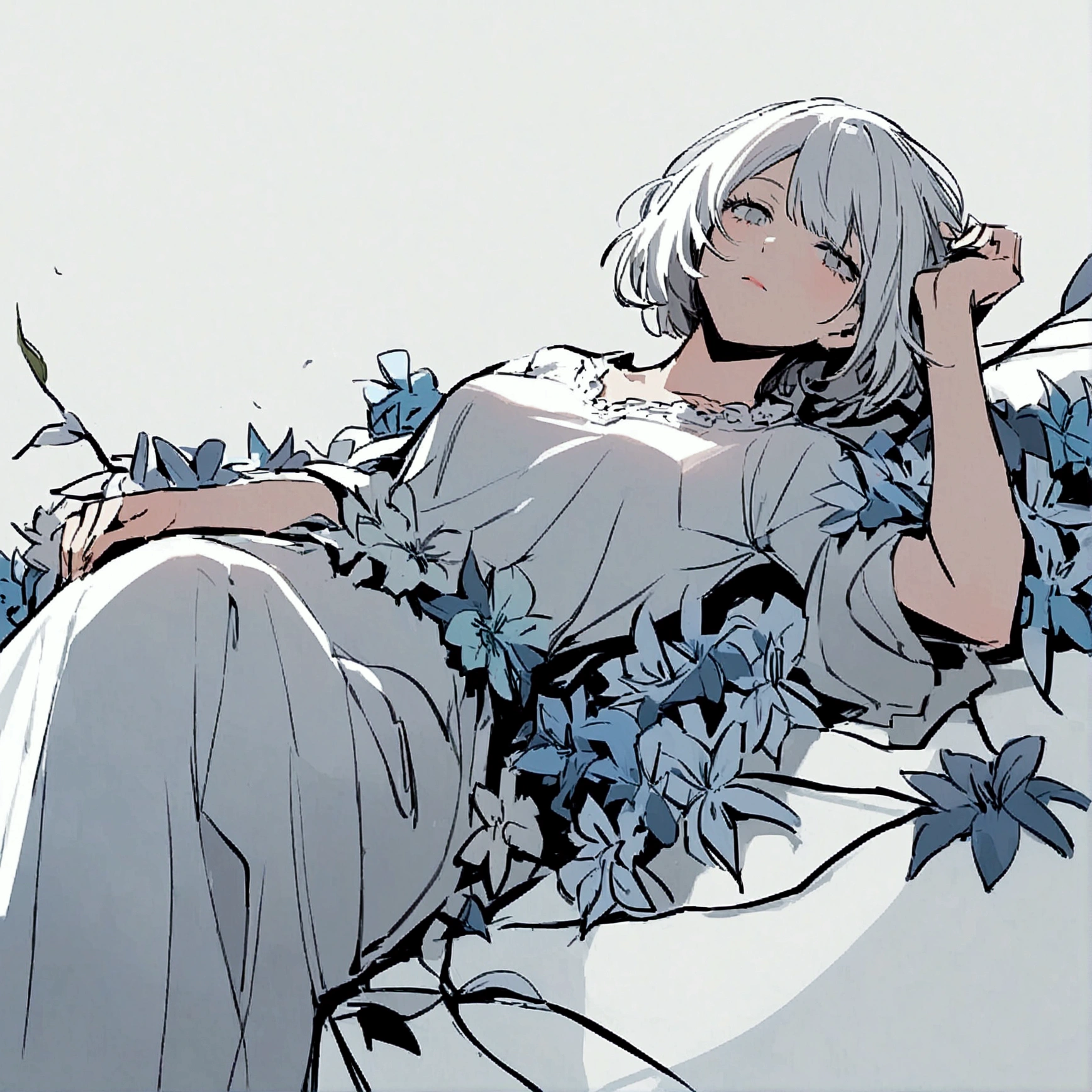 Light gray background Woman lying on bench Silver hair Short hair Withered flowers