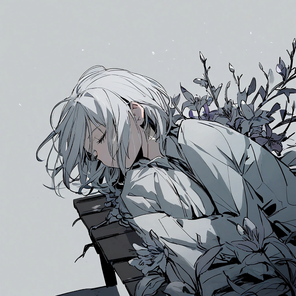 Light gray background Woman lying on bench Silver hair Short hair Withered flowers