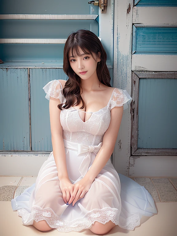 Photo-realistic quality、A woman in a white dress is sitting on the floor, Gorgeous Young Japanese Woman, Beautiful Japanese Women, Romantic Dress, Beautiful young Japanese woman, Elegant sheer white dress, Cute Japanese Idol、looking at the camera、Detailed and beautiful eyes、Cute smile、Relaxed and gentle expression、Emphasize cleavage
