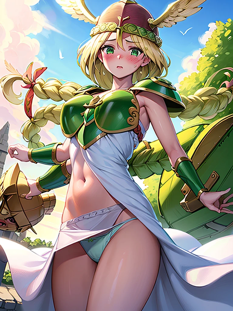 masterpiece,best quality,1girl, 18yo, beautiful girl,BREAK,(Armor:1.5),(Helmet with wings:1.4),(Beautiful blonde,braid,Green Eyes:1.5),BREAK,(White Dress,navel exposed,Green panties:1.3),BREAK,(blush:1.5), (blue sky:1.2),(In the sky:1.3),(move chart:1.3),(fly in the sky:1.5)