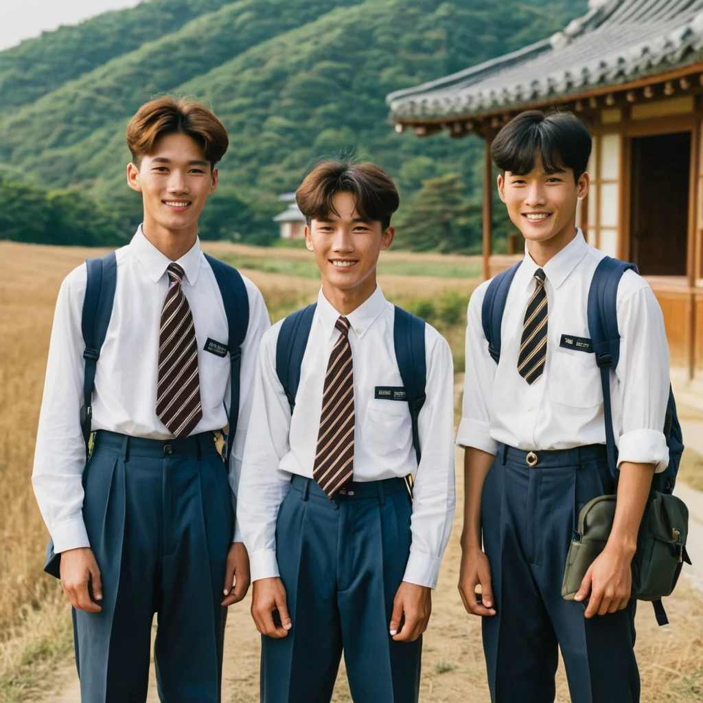 A group of three 19-year-old high school boys from a rural area in South Korea in the 1990s, standing outside with slightly tan complexions. They are all wearing typical 1990s school uniforms: white shirts, striped ties, and dark trousers. Their hair is short and neatly combed in classic 90s styles. One boy carries a vintage backpack over one shoulder, while the other two have their hands in their pockets. Their posture is relaxed yet slightly reserved, with one of them smiling shyly. The background features a picturesque countryside scene with fields, traditional Korean houses, and a distant mountain range under a clear blue sky. The overall vibe captures the nostalgic essence of the 1990s in rural South Korea.