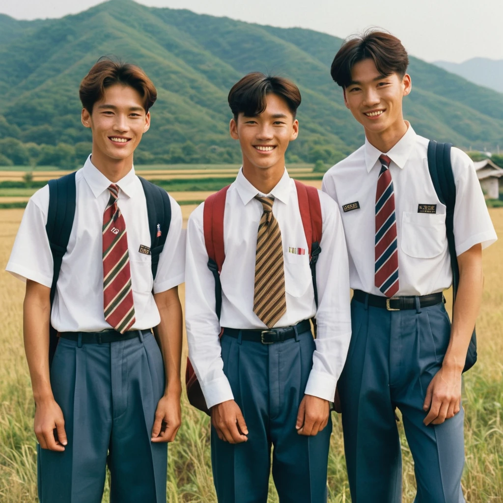 A group of three 19-year-old high school boys from a rural area in South Korea in the 1990s, standing outside with slightly tan complexions. They are all wearing typical 1990s school uniforms: white shirts, striped ties, and dark trousers. Their hair is short and neatly combed in classic 90s styles. One boy carries a vintage backpack over one shoulder, while the other two have their hands in their pockets. Their posture is relaxed yet slightly reserved, with one of them smiling shyly. The background features a picturesque countryside scene with fields, traditional Korean houses, and a distant mountain range under a clear blue sky. The overall vibe captures the nostalgic essence of the 1990s in rural South Korea.