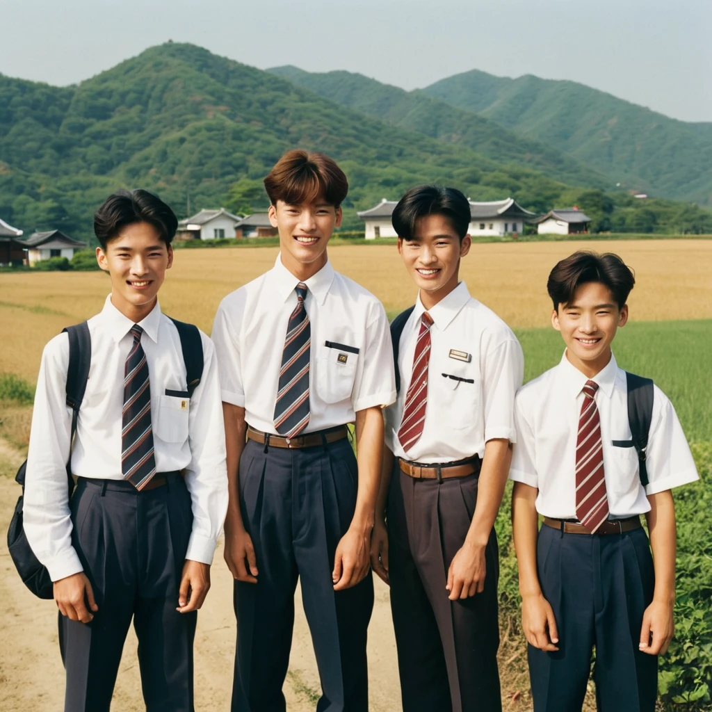 A group of three 19-year-old high school boys from a rural area in South Korea in the 1990s, standing outside with slightly tan complexions. They are all wearing typical 1990s school uniforms: white shirts, striped ties, and dark trousers. Their hair is short and neatly combed in classic 90s styles. One boy carries a vintage backpack over one shoulder, while the other two have their hands in their pockets. Their posture is relaxed yet slightly reserved, with one of them smiling shyly. The background features a picturesque countryside scene with fields, traditional Korean houses, and a distant mountain range under a clear blue sky. The overall vibe captures the nostalgic essence of the 1990s in rural South Korea.