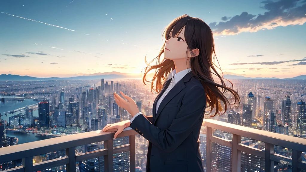 Time is night、Night Sky、Big fireworks、Shiraishi Mei, Looks exactly like Shiraishi Mei,Oceanの方を向いている後ろ姿、Woman looking up at the sky ,Long Hair, Dark brown hair, Suit jacket、Blouse Photos, Realistic, Highest quality, Detailed face, The background is the cityscape of Japan、, Ocean, Embankment, Detailed Background, Diffused sunlight, Written boundary depth, Bokeh (Highest quality: 1.2), (masterpiece: 1.2), Watch Viewer, one piece, White Theme, ,Vision、(((Panorama:1.2)))