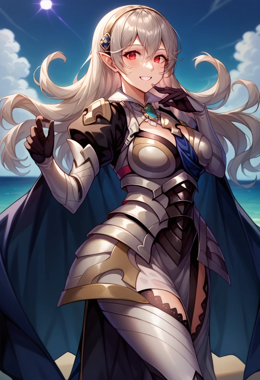 score_9, score_8_superior,Beach during daytime with bright sun、breast enhancement、looking at the camera、One Woman,Very long hair、Grey Hair、Red Eyes、Pointed Ears、Large Breasts、 very thick legs、barefoot、smile、Fascinating face、Dress in Armor, Blue Cape, Puff sleeves, Juliet Sleeve, Arm guard, Black gloves, Armored Legwear,