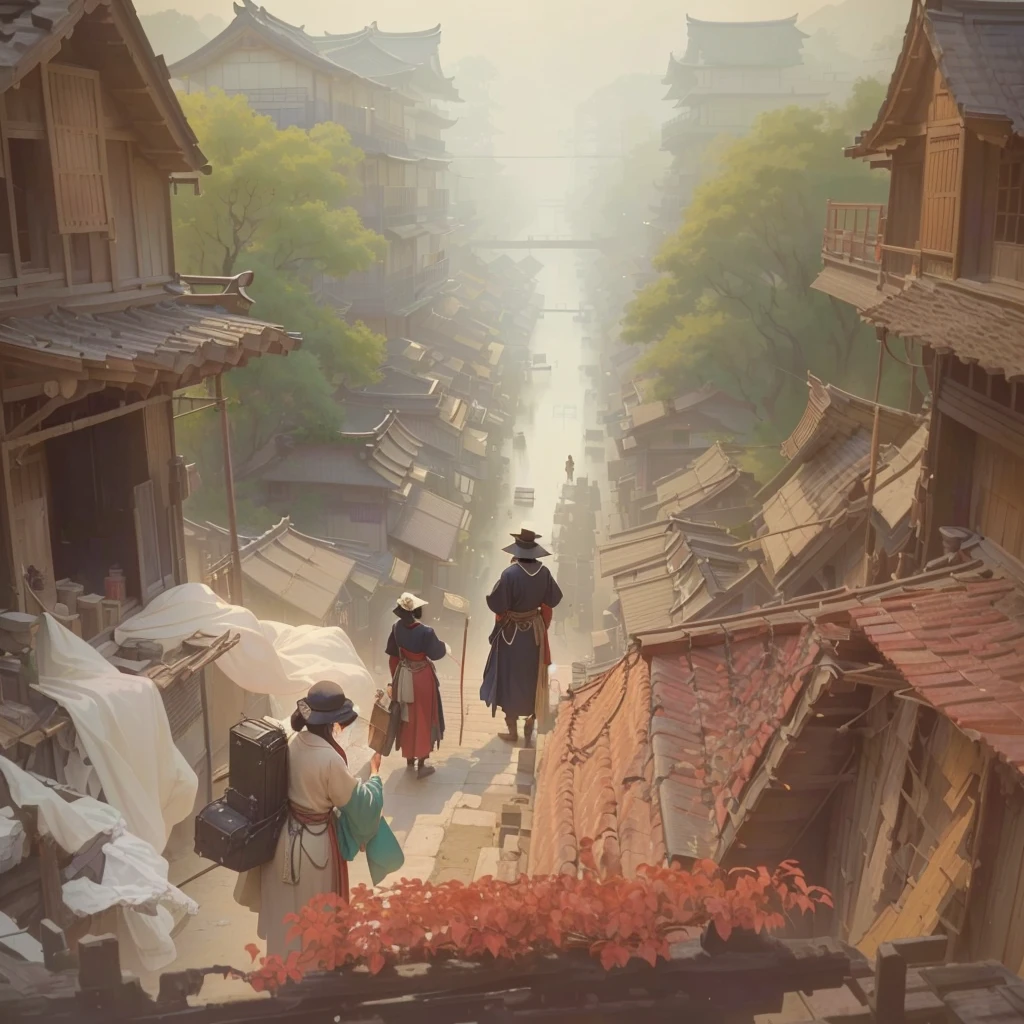 A lot of people々A painting of a woman standing on a roof with, Inspired by Carl Spitzweg, artwork in the style of Gwaiz, Relaxing concept art, Painterly concept art, Reusch and Urop, Beautiful artwork illustration, illustration concept art, Gwaiz, RPG Scenes, Concept Painting, Blurry dreamy illustration, fantasy Concept PaintingBlazing flames, fire, crowd, throng, freezing, mother warming her baby.Scenery and Cityscape in the Early Meiji Era After the Meiji Restoration, Japan underwent rapid modernization and civilization. Consequently, many changes and reforms occurred. Below is a detailed explanation of the scenery, appearance of the poor, occupations, and cityscapes in the early Meiji period (1868 to the early 1880s). 2. Appearance of the Poor Life for the impoverished and lower classes remained harsh. In particular, in urban areas, people migrated from rural areas or unemployed artisans gathered, intensifying competition in the labor market. Many of them struggled with poverty, often residing in slums or around temples. 3. Occupations Meiji early Japan witnessed a diversification of occupations. Traditional agriculture and handicrafts were accompanied by the rise of modern industry and commerce. Particularly in urban areas, factory workers, shop clerks, and transporters increased, giving rise to new professions. However, many in these occupations endured harsh working conditions. 4. Influence of Civilization and Enlightenment During the Meiji era, Western cultural influences spread rapidly. Changes in clothing, dietary habits, and the proliferation of Western-style architecture advanced, especially in urban areas. Conversely, this development posed a threat to traditional culture and lifestyles, resulting in societal upheaval and adaptation challenges. 5. Social Change and Policy Influence While promoting modernization policies, the government also addressed poverty and social issues. Legislation for labor protection and charitable activities to aid the poor were implemented. Nevertheless, living conditions for the impoverished scarcely improved. The early Meiji perio
