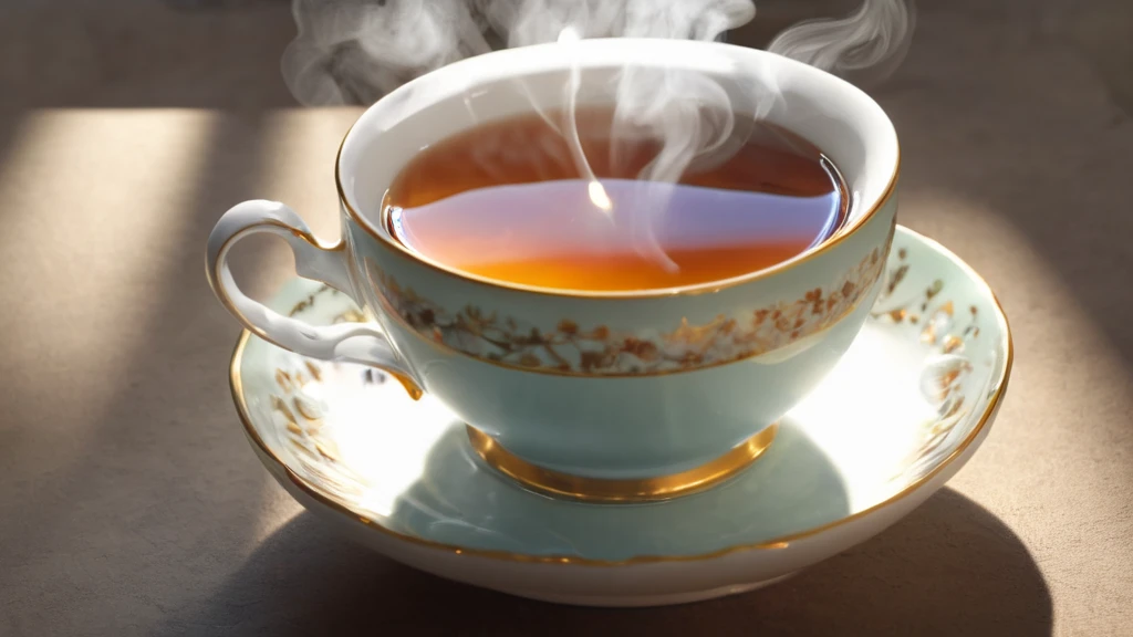 (Highest quality, 4K, 8k, High resolution, masterpiece: 1.2), Super detailed, (Realistic, photoRealistic, photoRealistic: 1.37),High quality photos, (Aromatic vapor coming out of a teacup: 1.37), Ceramic Teapot, Porcelain Teacups, Morning sunlight shining through the window, Steaming teacups,