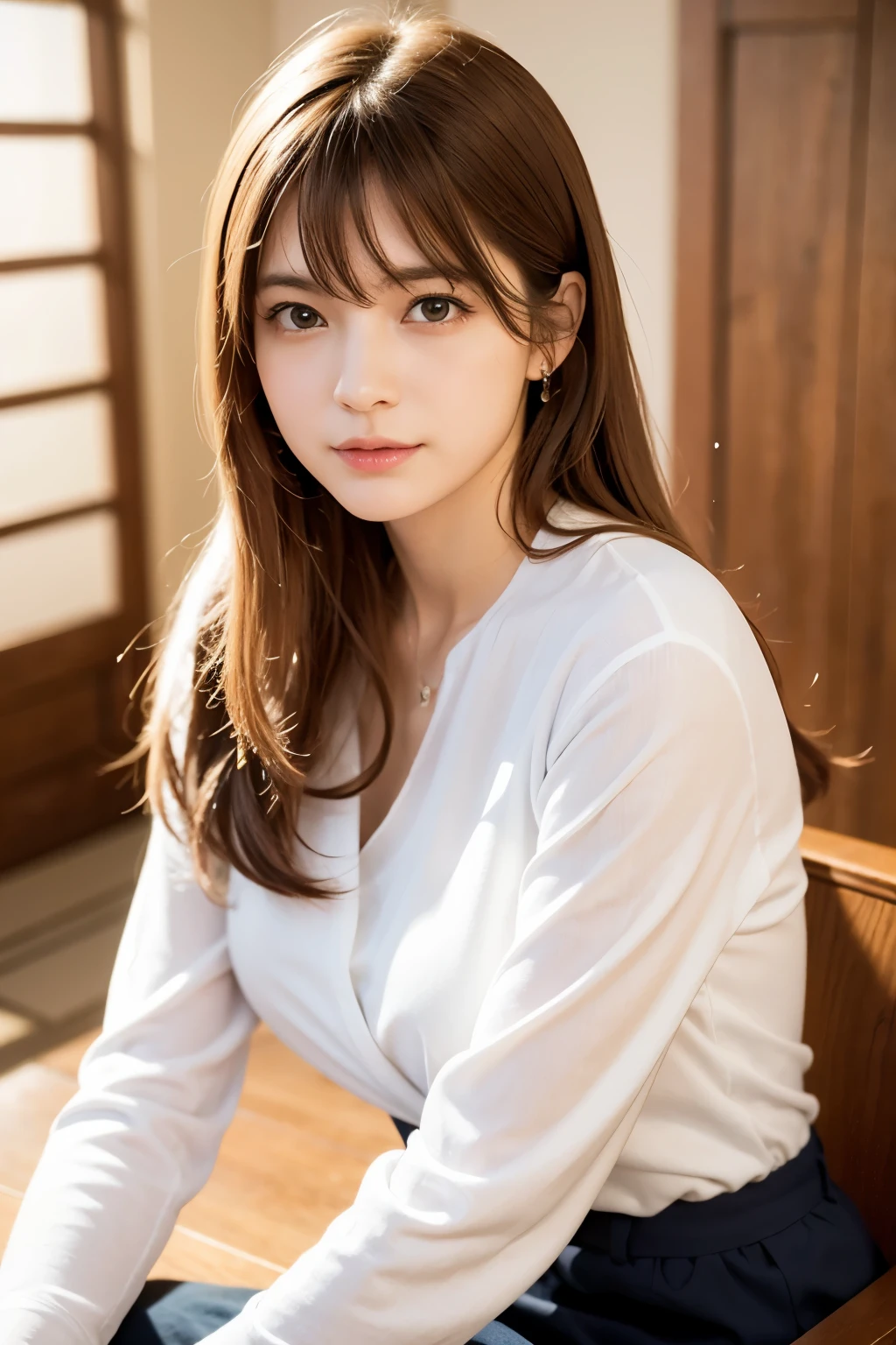 ((software: 1.4)), ((software, (Chair) , (Sitting) , (v Arms) , blouse, 1 girl)), Ultra-high resolution, (Realistic: 1.4), RAW Photos, Highest quality, (PhotoRealistic Stick), concentrated, Soft Light, (()), ((Japanese)), (( (Young Face))), (surface), (Depth of written boundary), masterpiece, (Realistic), woman, bangs, ((1 girl))