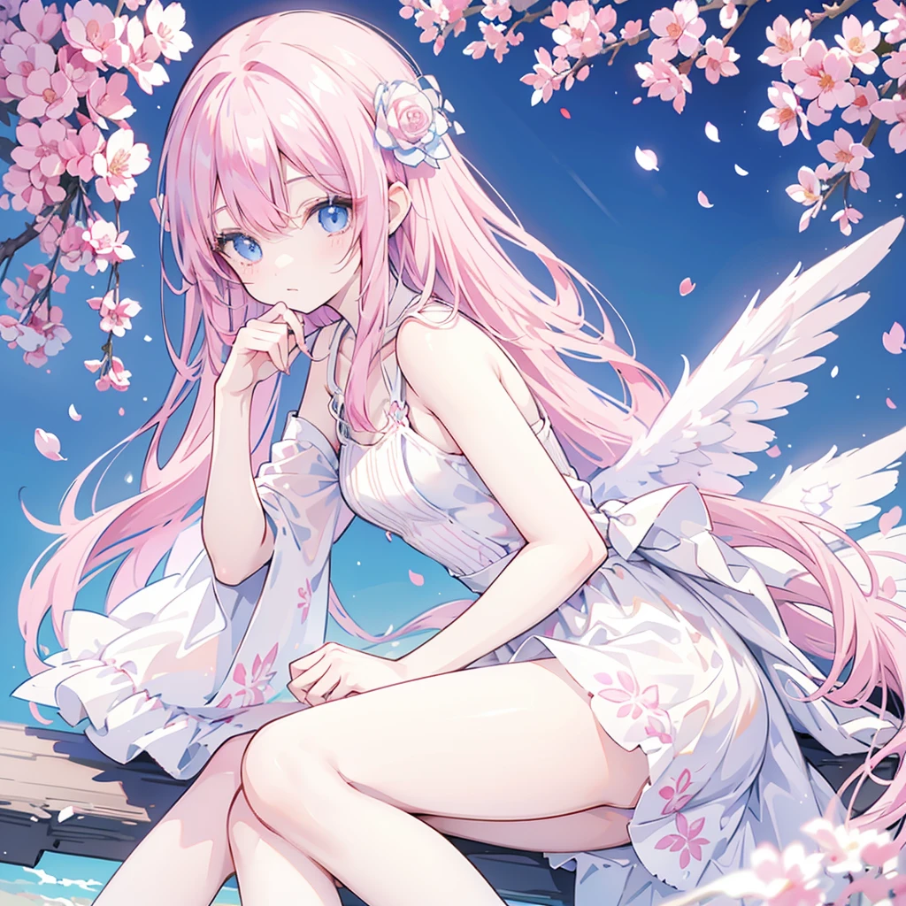 Pink hair, anime girl, long hair, cute girl, beautiful blue eyes, flower petals, pink tone, pale skin, white dress, masterpiece, HD, 4K, pink wings, angel, rose, fantasy, butterfly