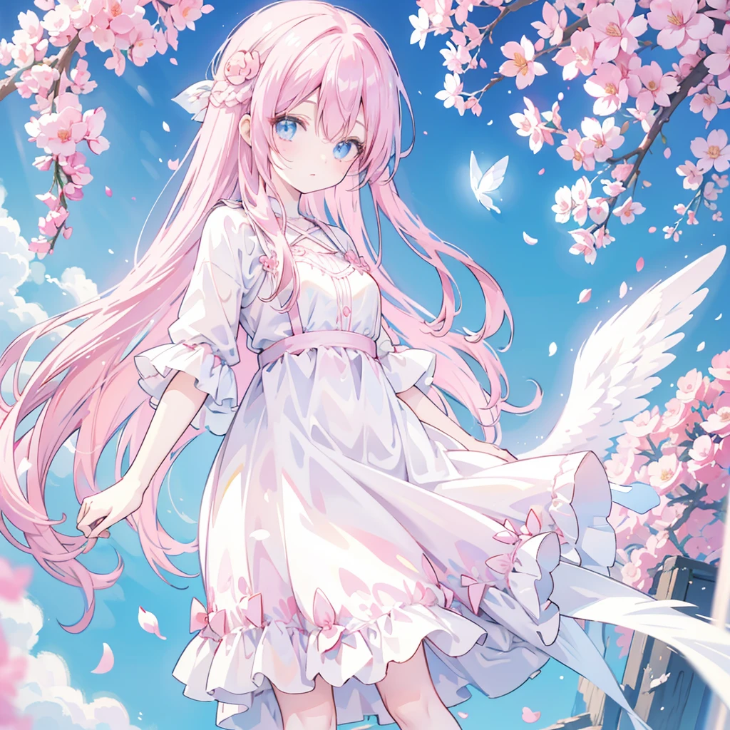 Pink hair, anime girl, long hair, cute girl, beautiful blue eyes, flower petals, pink tone, pale skin, white dress, masterpiece, HD, 4K, pink wings, angel, rose, fantasy, butterfly