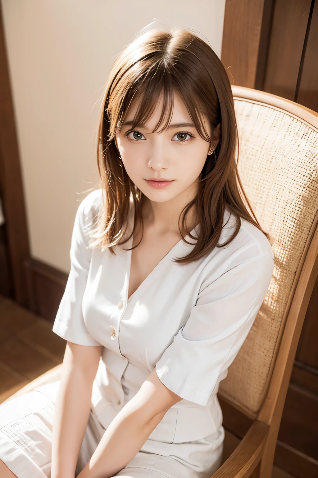 ((software: 1.4)), ((software, (Chair) , (Sitting) , (v Arms) , blouse, 1 girl)), Ultra-high resolution, (Realistic: 1.4), RAW Photos, Highest quality, (PhotoRealistic Stick), concentrated, Soft Light, ((15 years old)), ((Japanese)), (( (Young Face))), (surface), (Depth of written boundary), masterpiece, (Realistic), woman, bangs, ((1 girl))