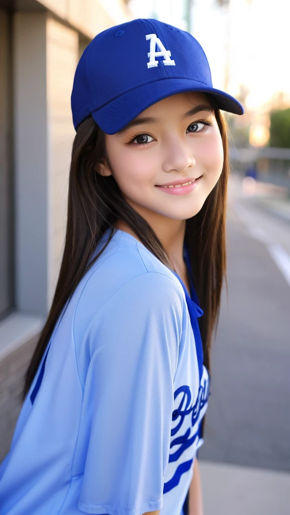 13 years old。smile、Beautiful eyes、Beautiful colored clothes、los angeles dodgers Baseball cap、