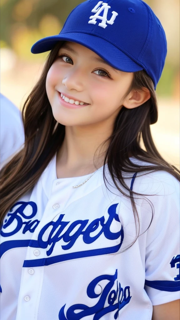 13 years old。smile、Beautiful eyes、Beautiful colored clothes、los angeles dodgers Baseball cap、