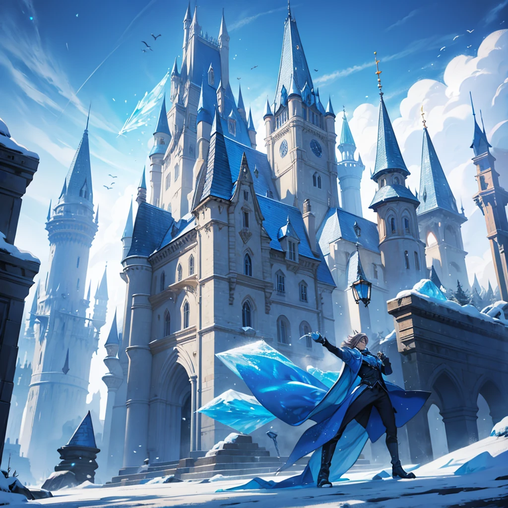 Magician throwing ice,frozen epic background defense towers castle