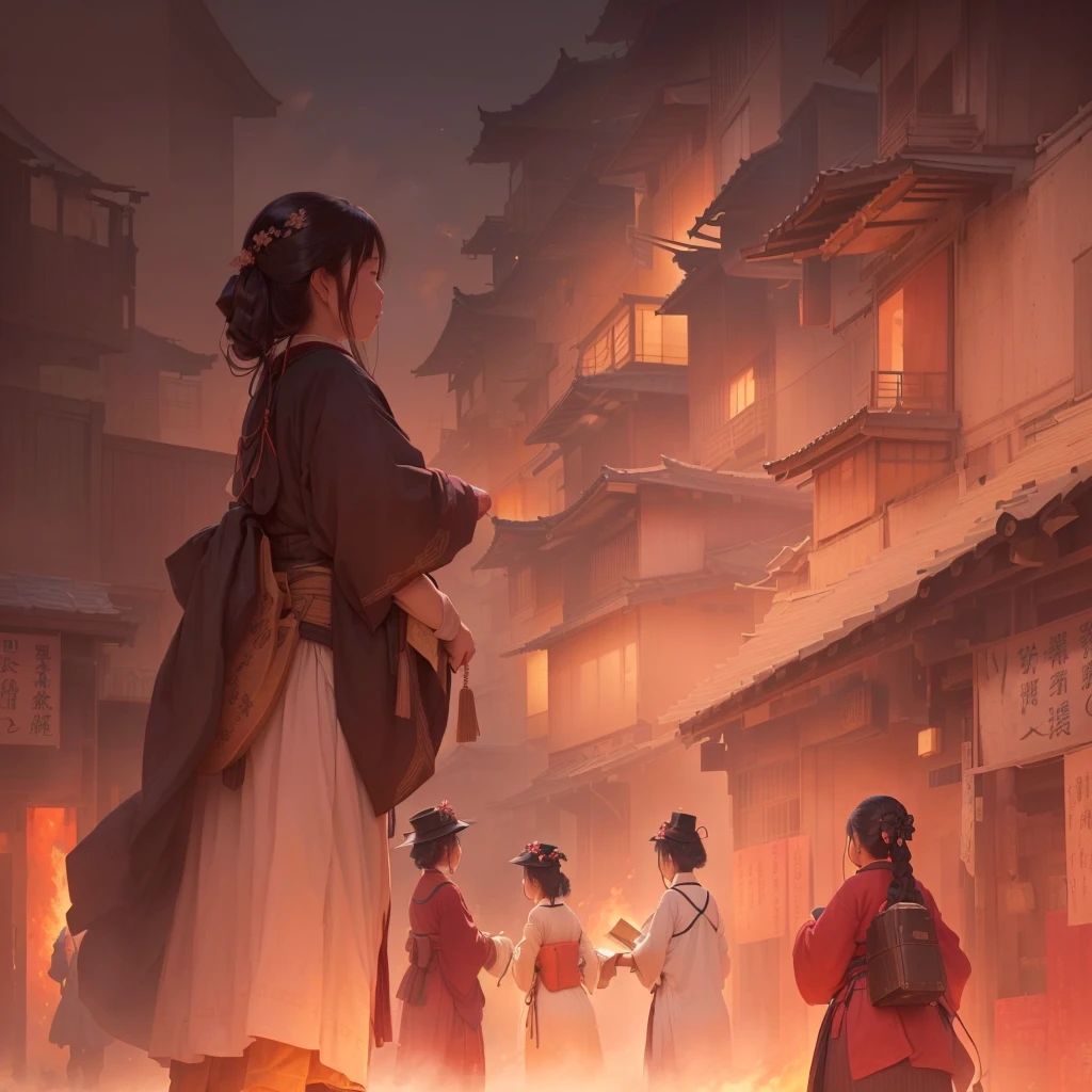 A woman walking down the street with fire in the background, an ancient city on fire, Beautiful artwork illustration, Written by Zou Zhe, Inspired by Chung Fenghua, Bayard Wu, Jan J, by Han Gan, Concept art Great atmosphere, illustration concept art, Written by Len Mei, by 下尾Blazing flames, fire, crowd, throng, freezing, mother warming her baby.Scenery and Cityscape in the Early Meiji Era After the Meiji Restoration, Japan underwent rapid modernization and civilization. Consequently, many changes and reforms occurred. Below is a detailed explanation of the scenery, appearance of the poor, occupations, and cityscapes in the early Meiji period (1868 to the early 1880s). 2. Appearance of the Poor Life for the impoverished and lower classes remained harsh. In particular, in urban areas, people migrated from rural areas or unemployed artisans gathered, intensifying competition in the labor market. Many of them struggled with poverty, often residing in slums or around temples. 3. Occupations Meiji early Japan witnessed a diversification of occupations. Traditional agriculture and handicrafts were accompanied by the rise of modern industry and commerce. Particularly in urban areas, factory workers, shop clerks, and transporters increased, giving rise to new professions. However, many in these occupations endured harsh working conditions. 4. Influence of Civilization and Enlightenment During the Meiji era, Western cultural influences spread rapidly. Changes in clothing, dietary habits, and the proliferation of Western-style architecture advanced, especially in urban areas. Conversely, this development posed a threat to traditional culture and lifestyles, resulting in societal upheaval and adaptation challenges. 5. Social Change and Policy Influence While promoting modernization policies, the government also addressed poverty and social issues. Legislation for labor protection and charitable activities to aid the poor were implemented. Nevertheless, living conditions for the impoverished scarcely improved. The early Meiji period marked a rapid transformation in Japan, with complex social landscapes involving chal