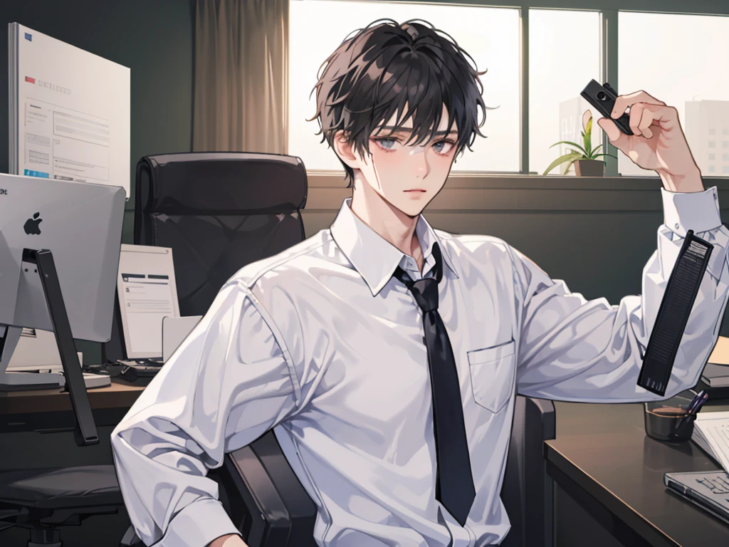 1 boy,((alone)),adult,shy,tired look,suit,white shirt,Upper body,tie,dark circles under the eyes,pants,highest quality,facial details,office,(background office)
