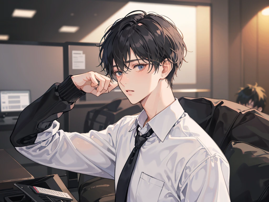 1 boy,((alone)),adult,shy,tired look,suit,white shirt,Upper body,tie,dark circles under the eyes,pants,highest quality,facial details,office,(background office)