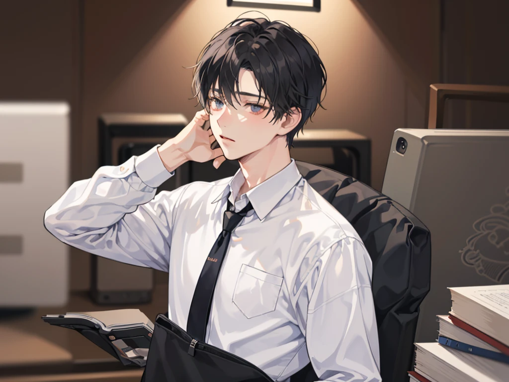 1 boy，((alone)),adult，shy,tired look，suit，white shirt，Upper body,tie，dark circles under the eyes,pants，highest quality，facial details，office,(background office)