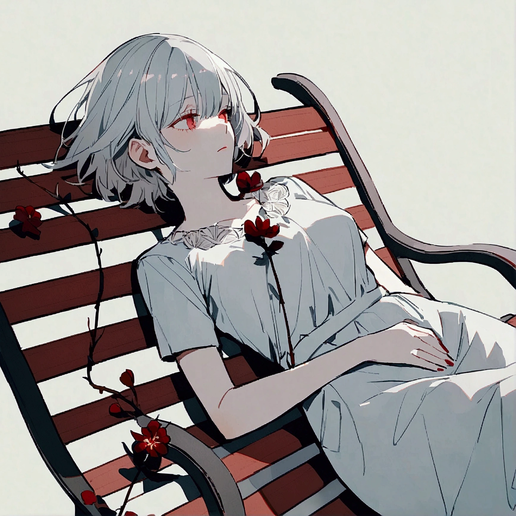 Light gray background, woman lying on bench, silver hair, short hair, withered red flower