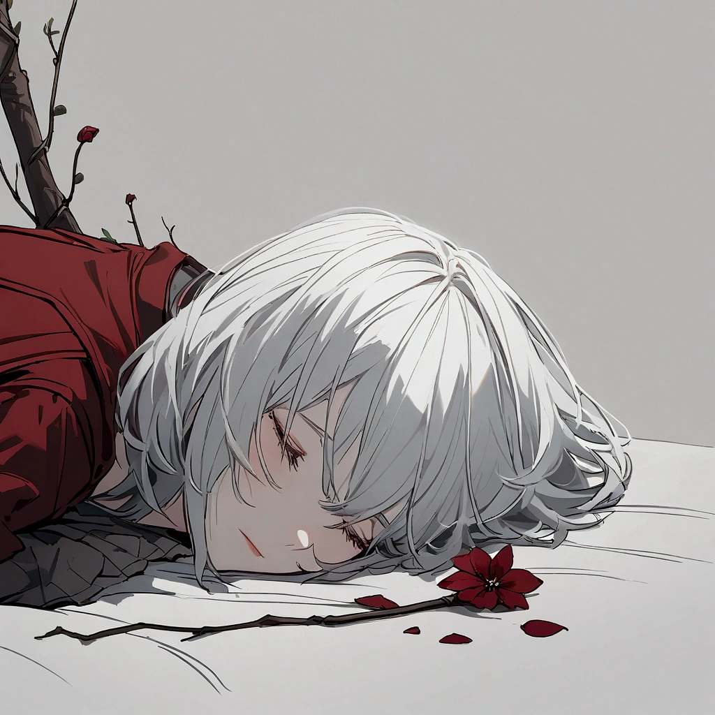 Light gray background, woman lying on bench, silver hair, short hair, withered red flower