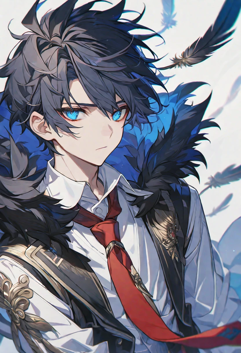 alone, elegant, 1 little boy, short hair, black fur, half and half, blue eyes, detailed, White shirt, Red tie, hood, feathers