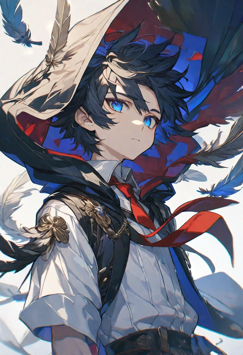 alone, elegant, 1 little boy, short hair, black fur, half and half, blue eyes, detailed, White shirt, Red tie, hood, feathers