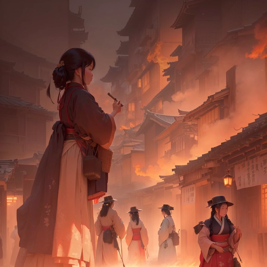 A woman walking down the street with fire in the background, an ancient city on fire, Beautiful artwork illustration, Written by Zou Zhe, Inspired by Chung Fenghua, Bayard Wu, Jan J, by Han Gan, Concept art Great atmosphere, illustration concept art, Written by Len Mei, by 下尾Blazing flames, fire, crowd, throng, freezing, mother warming her baby.Scenery and Cityscape in the Early Meiji Era After the Meiji Restoration, Japan underwent rapid modernization and civilization. Consequently, many changes and reforms occurred. Below is a detailed explanation of the scenery, appearance of the poor, occupations, and cityscapes in the early Meiji period (1868 to the early 1880s). 2. Appearance of the Poor Life for the impoverished and lower classes remained harsh. In particular, in urban areas, people migrated from rural areas or unemployed artisans gathered, intensifying competition in the labor market. Many of them struggled with poverty, often residing in slums or around temples. 3. Occupations Meiji early Japan witnessed a diversification of occupations. Traditional agriculture and handicrafts were accompanied by the rise of modern industry and commerce. Particularly in urban areas, factory workers, shop clerks, and transporters increased, giving rise to new professions. However, many in these occupations endured harsh working conditions. 4. Influence of Civilization and Enlightenment During the Meiji era, Western cultural influences spread rapidly. Changes in clothing, dietary habits, and the proliferation of Western-style architecture advanced, especially in urban areas. Conversely, this development posed a threat to traditional culture and lifestyles, resulting in societal upheaval and adaptation challenges. 5. Social Change and Policy Influence While promoting modernization policies, the government also addressed poverty and social issues. Legislation for labor protection and charitable activities to aid the poor were implemented. Nevertheless, living conditions for the impoverished scarcely improved. The early Meiji period marked a rapid transformation in Japan, with complex social landscapes involving chal