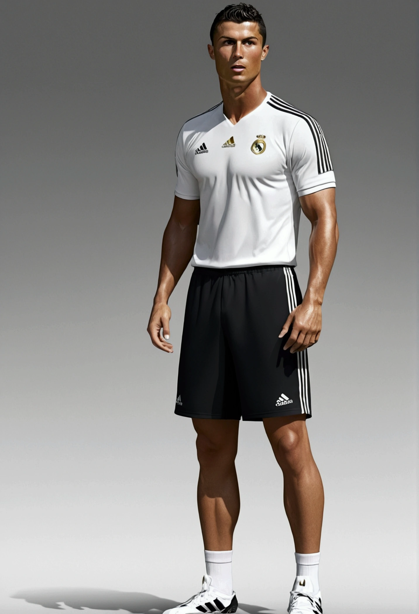 Cristiano Ronaldo in wide long shorts black shorts adidas shorts oversize shorts casual clothes no t-shirt bare torso naked torso 3d picture ultra realistic