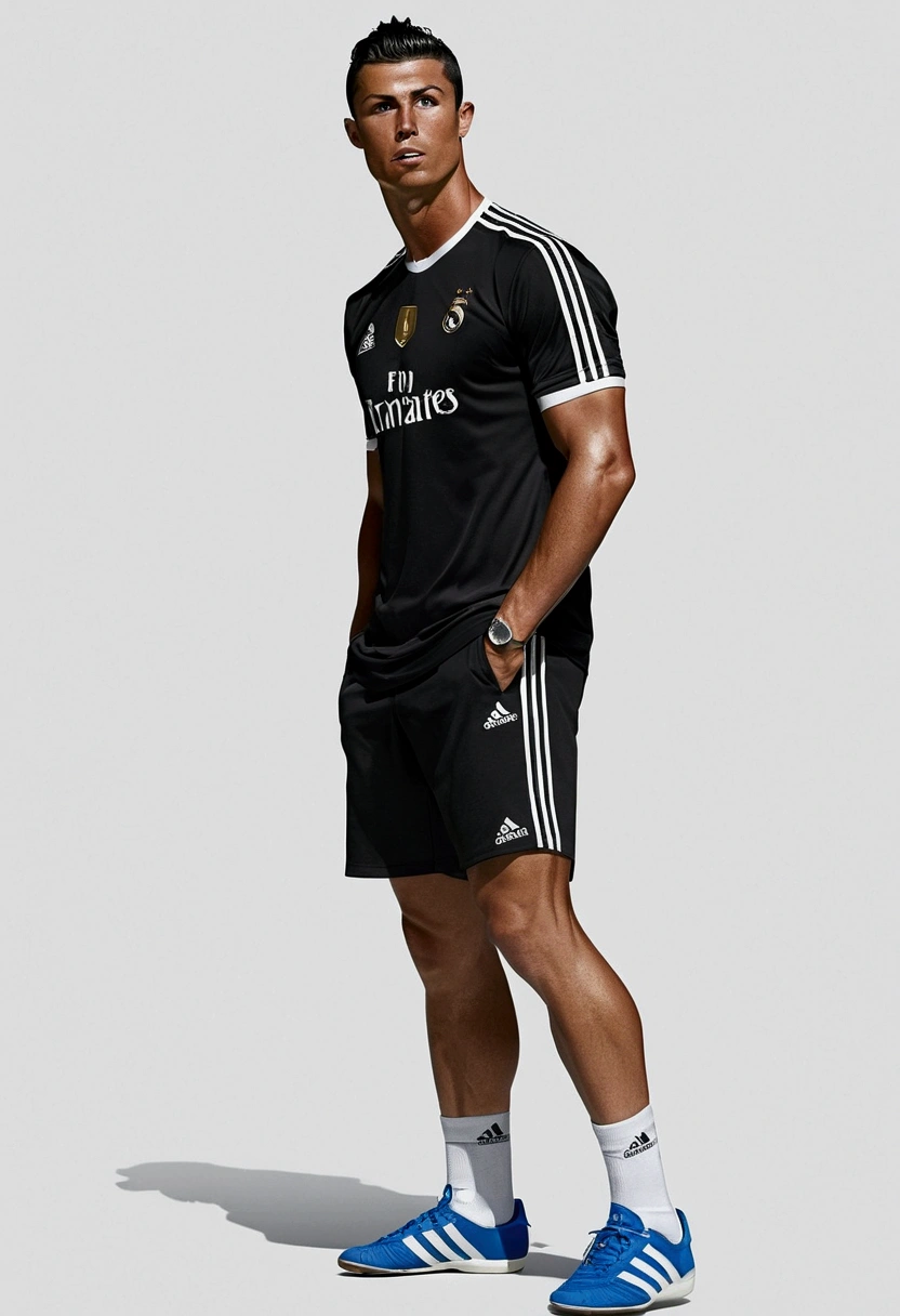 Cristiano Ronaldo in wide long shorts black shorts adidas shorts oversize shorts casual clothes no t-shirt bare torso naked torso 3d picture ultra realistic